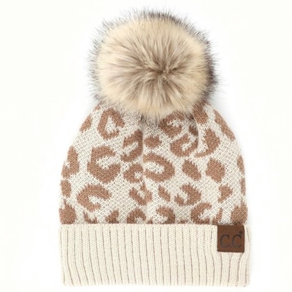 New! C.C Beanie Hat Leopard Print Knit Faux Fur Pom Warm Winter Hat - Picture 6 of 7